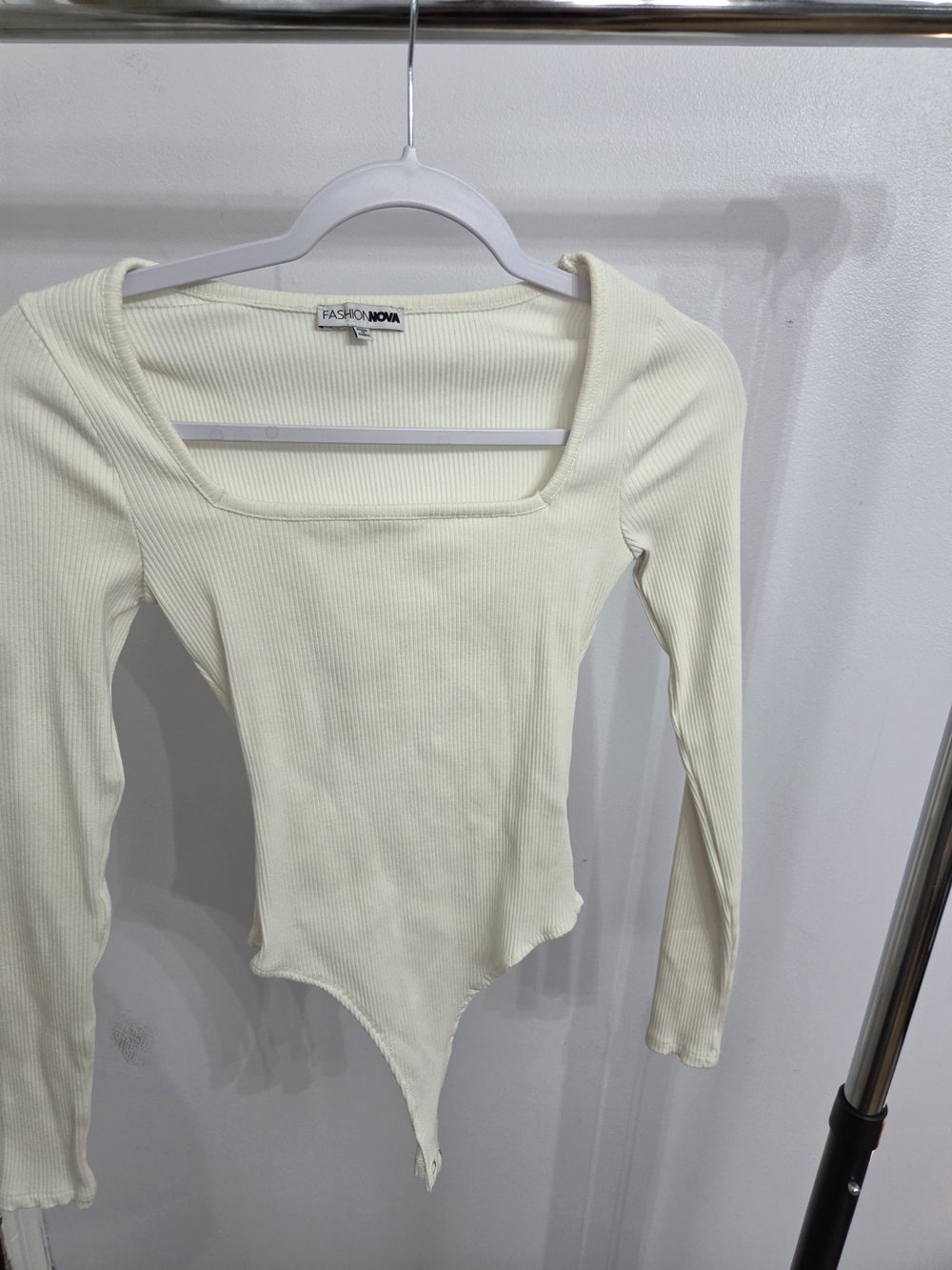 Fashion Nova Cream Ribbed Square Neck Long Sleeve Bodysuit